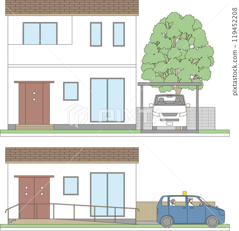 Two-storey and one-storey houses and a private car. Illustration of a reduction and renovation Two-storey and one-storey houses and a private car. Illustration of a reduction and renovation 119452208