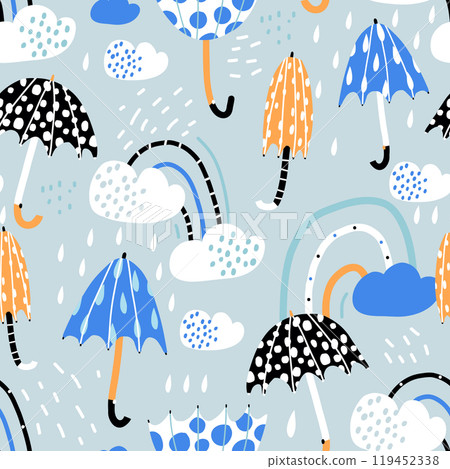 Seamless pattern with hand drawn umbrellas, rainbow, clouds and water drops. Blue and navy umbrellas childish texture for fabric, textile, apparel.Vector illustration Seamless pattern with hand drawn umbrellas, rainbow, clouds and water drops. Blue and navy umbrellas childish texture for fabric, textile, apparel.Vector illustration 119452338