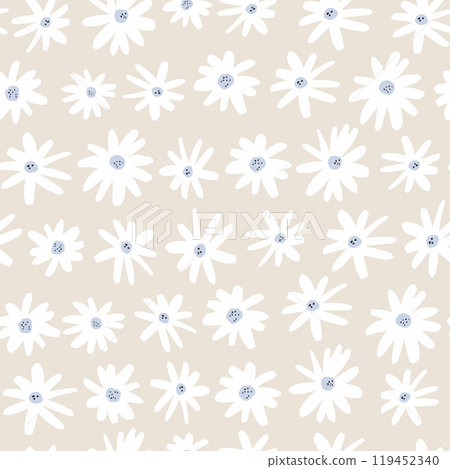 Seamless ink drawn chamomile flowers pattern. Fashion ditsy floral petal texture made with brush. Creative fabric, textile, wallpaper background. 119452340
