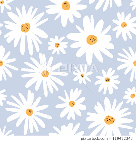 Seamless ink drawn chamomile flowers pattern. Fashion floral petal texture made with brush. Creative fabric, textile, wallpaper background. 119452343