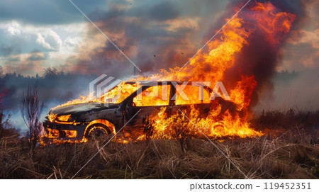 the car caught fire in a field with a strong flame 119452351