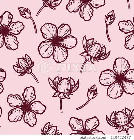 Pattern with cherry blossoms on a pink background Pattern with cherry blossoms on a pink background 119452477