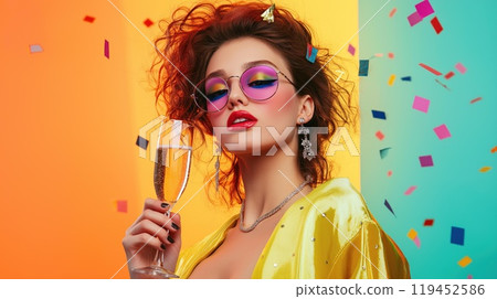 Glamorous woman in glasses and bright makeup with glass of champagne on colored background. Celebrating New Year in the style of the 90s 119452586