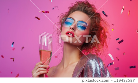 Glamorous woman with bright makeup and in shiny clothes with glass of champagne on pink background with confetti. New Year's party in style of 90s 119452587