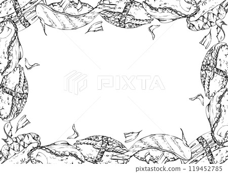Traditional Japanese food, nigiri sushi with raw fish tuna salmon unagi shrimp, tamagoyaki tako octopus, hand drawn in vector pen, ink. Border frame for restaurant, cafe menu, kitchen, recipe book Traditional Japanese food, nigiri sushi with raw fish tuna salmon unagi shrimp, tamagoyaki tako octopus, hand drawn in vector pen, ink. Border frame for restaurant, cafe menu, kitchen, recipe book 119452785