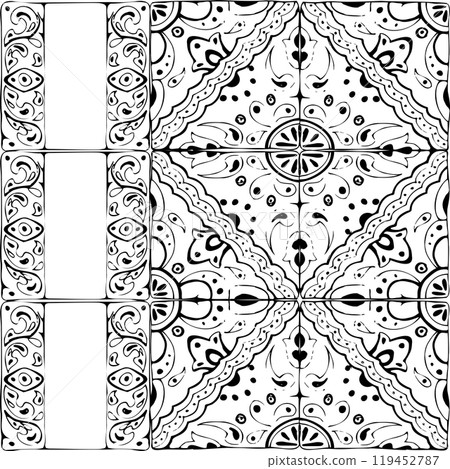 Mexican azulejo Arabic Mediterranean Moroccan mosaic motif, wall floor tile glazed ornament. Isolated seamless pattern Hand drawn ink vector illustration. Design architecture, brochure, home decor 119452787