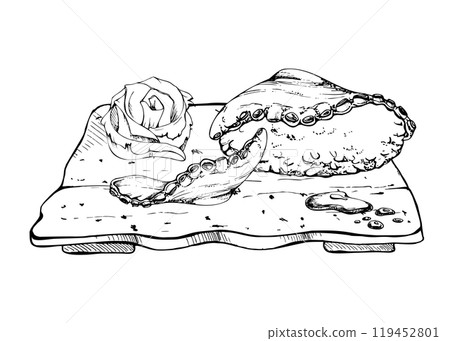 Japanese food nigiri sushi set on ceramic plate, raw fish octopus tako tentacle slice, caviar topping hand drawn in vector pen, ink. Illustration for restaurant, cafe menu, kitchen print, recipe book Japanese food nigiri sushi set on ceramic plate, raw fish octopus tako tentacle slice, caviar topping hand drawn in vector pen, ink. Illustration for restaurant, cafe menu, kitchen print, recipe book 119452801