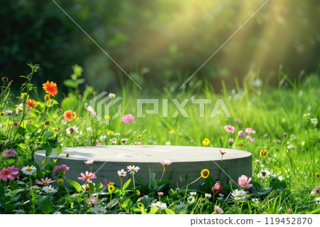 In the center of a vast field filled with colorful flowers lies a stone circle. AI-generated content. 119452870