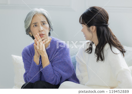 A senior woman and a young woman arguing in the living room 119452889