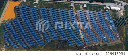 Ecology solar power station panels in the fields green energy . Aerial view of Solar panel, photovoltaic, alternative electricity source. Concept of sustainable resources. 119452964
