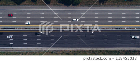 Top view of the highway car road. Aerial view of motorway junction, toll way, road traffic, Highway an important infrastructure, Expressway road, transportation and travel concept 119453038