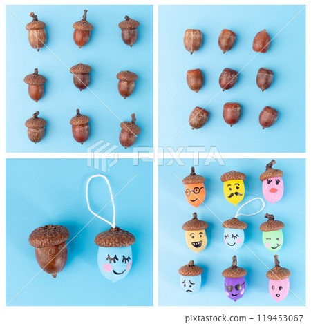step by step instruction, how create colorful acorns with various expressions. Creative DIY concept. top down view, set of 4 images, Fall Leaf Nature , outdoor learning kindergarten  119453067