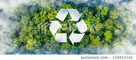 Recycle symbol on the forest background . Ecological concept. Ecology. Recycle and Zero waste symbol in the untouched jungle for Sustainable environment 119453142