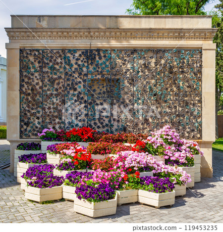 Colorful Flower Display at Baku Boulevard in Azerbaijan Showcasing Vibrant Flora in Springtime 119453235