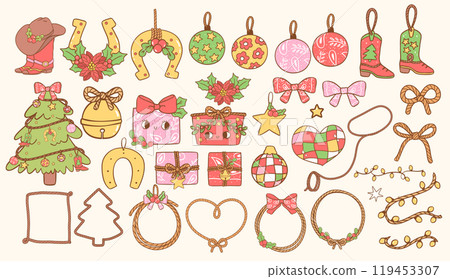 Retro Christmas Cowboy ornaments and decoration element clipart set Hand drawn cartoon character collection Retro Christmas Cowboy ornaments and decoration element clipart set Hand drawn cartoon character collection 119453307