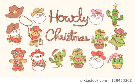 Retro Christmas Cowboy element clipart set Hand drawn cartoon character collection 119453308