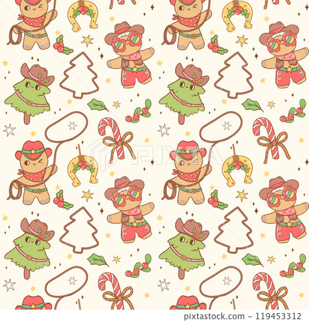 Cute Retro Christmas seamless pattern Cowboy sheriff gingerbread man hand drawn cartoon character doodle 119453312