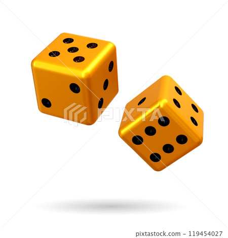 Casino Gambling dice with black dots. Vector illustration. Gold Game Dice Cubes in Flight on a white background. Realistic 3d icon for casino and gambling industry. 119454027