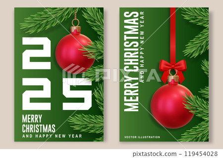 Set of Merry Christmas greeting card or poster. Vector illustration. Christmas elegant invitation template with xmas balls and evergreen pine tree branches decoration 119454028