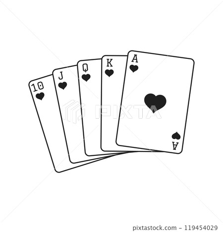 Set of all the five highest cards in one suit. Royal flush. Poker playing card. Vector illustration. Gambling game, casino games. 119454029