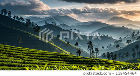 A stunning view of lush tea plantations under a dramatic sky filled with dark, moody clouds 119454464