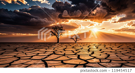 A cracked, parched landscape under a fiery sky, symbolizing extreme heat and environmental crisis. 119454517