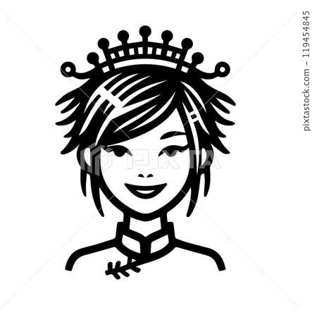 A young cool looking Asian princess. Simple linear vector isolated on white illustration. A girl in a crown, she has short hair and a smile on her face. AI-generated A young cool looking Asian princess. Simple linear vector isolated on white illustration. A girl in a crown, she has short hair and a smile on her face. AI-generated 119454845