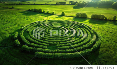 Aerial view of plant labyrinth in field in summer, abstract green bushes maze like strange garden. Concept of nature, hedge, shape, puzzle, landscape, 119454893