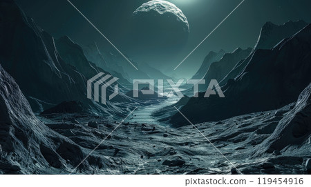 Dark alien planet in deep space, view of deserted surface and moon, mountain landscape at night. Concept of futuristic nature, sci-fi, science, adventure, fantasy, 119454916