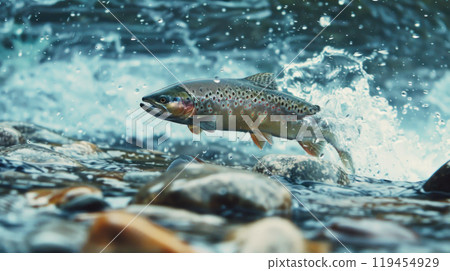 Trout jumps from water in river, view of wild fish in freshwater of mountain stream. Concept of salmon, wildlife, fresh and fauna 119454929