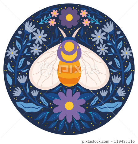 Whimsical Moth with Floral and Celestial Elements. Decorative moth illustration surrounded by flowers and stars in a circular design, vibrant and colorful. Whimsical Moth with Floral and Celestial Elements. Decorative moth illustration surrounded by flowers and stars in a circular design, vibrant and colorful. 119455116