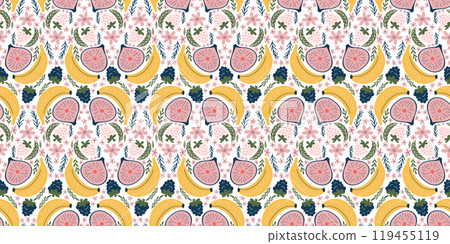 Charming seamless pattern featuring bananas, figs, blackberries, white strawberries, pink flowers, and green leaves. Modern, organic vector style with flat colors and a fun, childlike aesthetic. 119455119