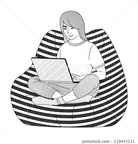 girl sitting in a chair with a laptop on her lap girl sitting in a chair with a laptop on her lap 119455131