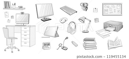 set elements about online learning - keyboard, printer, camera, microphone, tablet, stylus, screen, mouse computer, books, student's desk, lamp, chair set elements about online learning - keyboard, printer, camera, microphone, tablet, stylus, screen, mouse computer, books, student's desk, lamp, chair 119455134