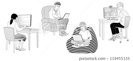School-age boys and girls sitting at a computer and laptop at home 119455135