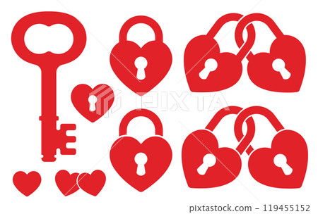Romantic Heart love lock and key icon symbol. Romance couple logo sign. Vector illustration image. Isolated on white background. Romantic Heart love lock and key icon symbol. Romance couple logo sign. Vector illustration image. Isolated on white background. 119455152