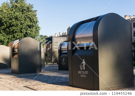 modern trash cans for separate waste collection in the urban landscape modern trash cans for separate waste collection in the urban landscape 119455246