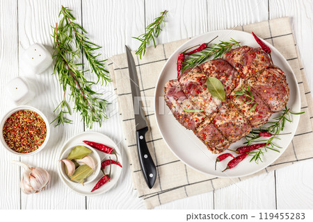 Prepared for roast Raw Pork neck butt, top view Prepared for roast Raw Pork neck butt, top view 119455283