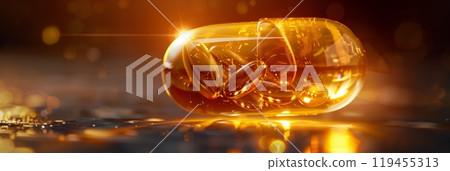 A vitamin E capsule with a vibrant inner glow, representing its nourishing effects on health, skin, and overall wellness, banner A vitamin E capsule with a vibrant inner glow, representing its nourishing effects on health, skin, and overall wellness, banner 119455313