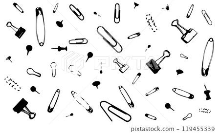 Pattern with office supplies on white background, school stationery background, vector binder clips of different designs, pattern with paper holder, black pattern with paper clips, needles and pins Pattern with office supplies on white background, school stationery background, vector binder clips of different designs, pattern with paper holder, black pattern with paper clips, needles and pins 119455339