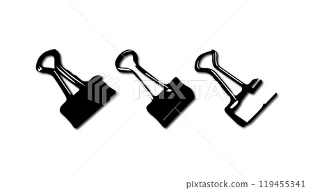 Black collection of office supplies, set of closed metal paper clips isolated on white background, page clamp, office concept, vector binder clips of different designs, paper holder Black collection of office supplies, set of closed metal paper clips isolated on white background, page clamp, office concept, vector binder clips of different designs, paper holder 119455341