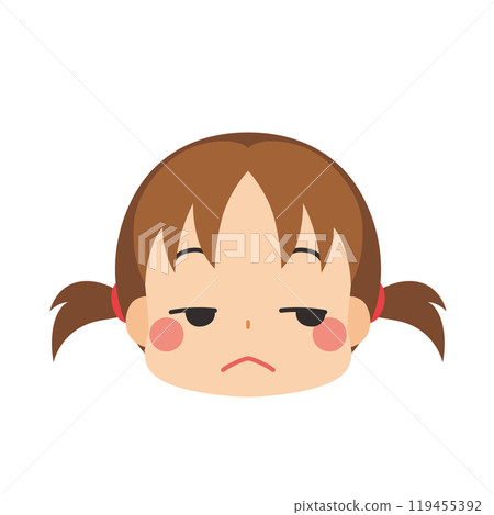 Emoji illustration of a cute little girl with an unamused expression, icon, face, white background, vector 119455392