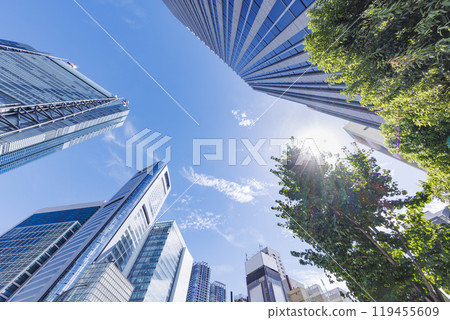Tokyo city lined with huge buildings 119455609