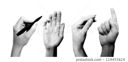 Set of halftone images of hands. Pop art retro style illustration Set of halftone images of hands. Pop art retro style illustration 119455624
