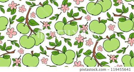 Juicy fresh green apples and flowers seamless pattern 119455641