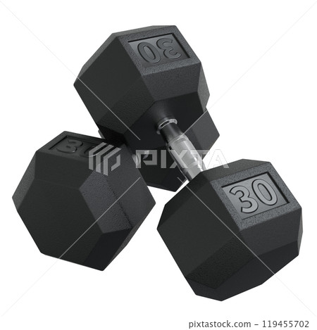 Two Hex Dumbbells with number 30, weightlifting gym equipment 119455702