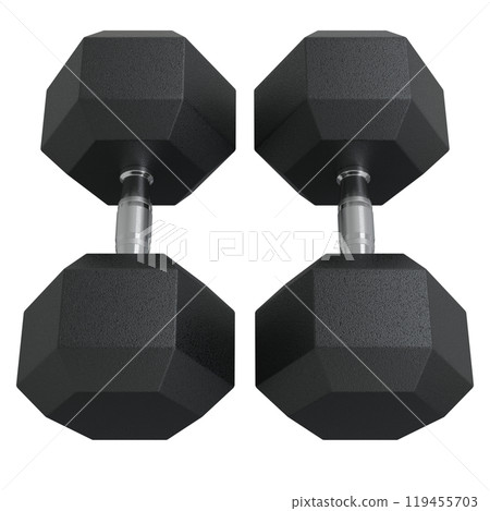 Blank Two Hex Dumbbells, weightlifting gym equipment top view 119455703