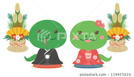 New Year's card material Snake Year Snake couple illustration (Kimono) New Year's card material Snake Year Snake couple illustration (Kimono) 119455810