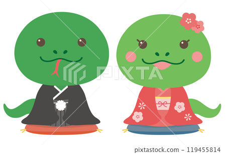 新年賀卡素材蛇年蛇情侶插畫（和服） 119455814