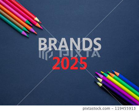 Planning brands 2025 new year symbol. Concept words Brands 2025 on beautiful black paper. Beautiful black paper background. Beautiful colored pencils. Business brands 2025 new year concept. Copy space Planning brands 2025 new year symbol. Concept words Brands 2025 on beautiful black paper. Beautiful black paper background. Beautiful colored pencils. Business brands 2025 new year concept. Copy space 119455913